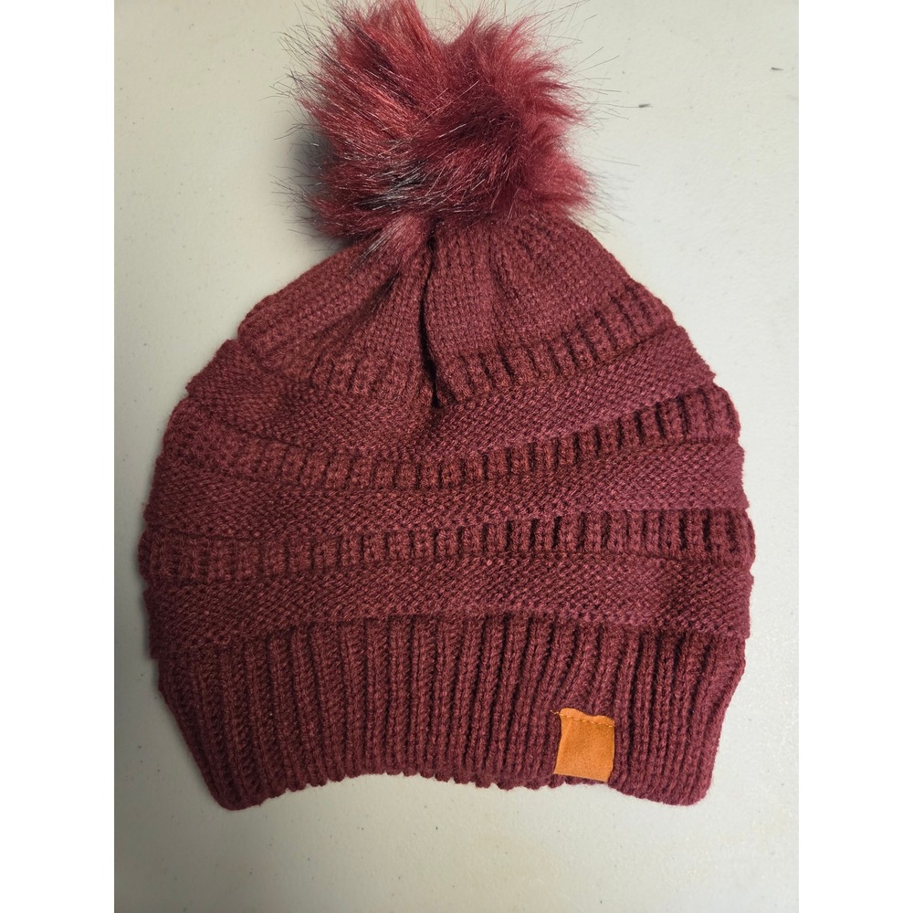 Burgundy Cable Knit Beanie with Faux Fur Pom Pom Winter Hat Wine Red NWOT